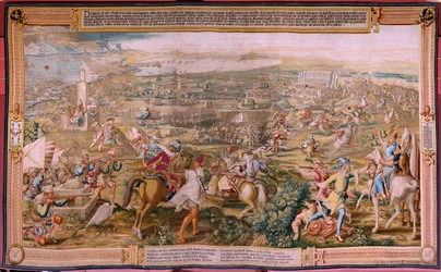 Gobelin flamandzki. Cykl Podbój Tunisu. Atak na La Goletę. Czwarty gobelin z cyklu. Projekt Jan Vermeyen i Pieter Coecke van Aelst. 1543-1548. Manufaktura Real Fábrica de Tapices de Santa Bárbara, Madryt