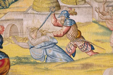 Flamandzki gobelin. Seria Podbój Tunisu: Take of Tunis. Rysownik Jan Cornelisz Vermeyen. Studio Willem de Pannemaker, Bruksela. Około 1545. Detal.