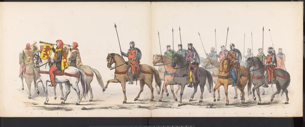 Maskarada uczniów Leiden, 1865 (tablica 1) Procesja w kostiumach zorganizowana przez członków korpusu studenckiego w Leiden w dniu 6 czerwca 1865 r. z okazji 290. rocznicy Leidsche Hoogeschool, przedstawiająca: wjazd Holendrów do
