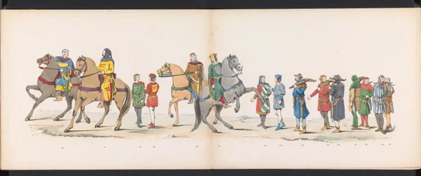 Maskarada uczniów Leiden, 1865 (tablica 10) Procesja w kostiumach zorganizowana przez członków korpusu studenckiego w Leiden w dniu 6 czerwca 1865 r. z okazji 290. rocznicy Leidsche Hoogeschool, przedstawiająca: wjazd Holendrów b