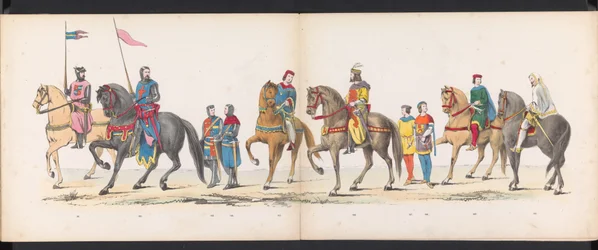 Maskarada uczniów Leiden, 1865 (tablica 12) Procesja w kostiumach zorganizowana przez członków korpusu studenckiego w Leiden w dniu 6 czerwca 1865 r. z okazji 290. rocznicy Leidsche Hoogeschool, przedstawiająca: wjazd Holendrów b