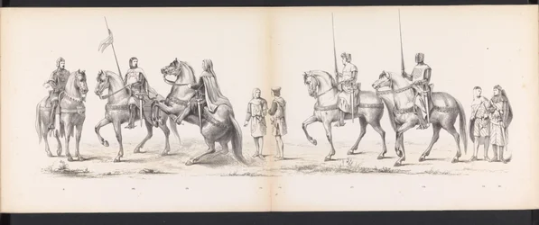 Maskarada uczniów Leiden, 1865 (tablica 14) Procesja w kostiumach zorganizowana przez członków korpusu studenckiego w Leiden w dniu 6 czerwca 1865 r. z okazji 290. rocznicy Leidsche Hoogeschool, przedstawiająca: wjazd Holendrów b