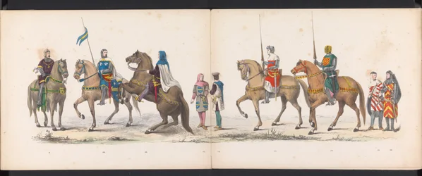 Maskarada uczniów Leiden, 1865 (tablica 14) Procesja w kostiumach zorganizowana przez członków korpusu studenckiego w Leiden w dniu 6 czerwca 1865 r. z okazji 290. rocznicy Leidsche Hoogeschool, przedstawiająca: wjazd Holendrów b