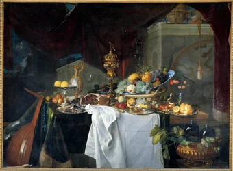 Martwa natura: deser na stole z naczyniami i instrumentem muzycznym. Obraz Jana Davida Heema (1606-1684), 1640, 1,49 x 2,03 m