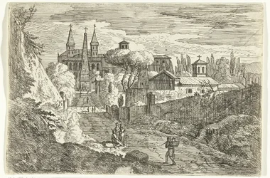 Italianate Krajobraz z Podróżnikami na Murach Miejskich