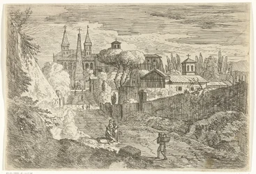 Italianate Krajobraz z Podróżnikami na Murach Miejskich