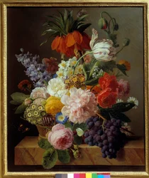 Obraz z kwiatami i owocami, 1827. Wys. 0,63 x 0,52 m. Rouen, Muzeum Sztuk Pięknych