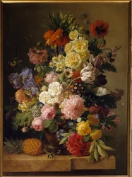 Kwiaty na marmurowej konsoli z ananasem, szkoła flamandzka, XIX wiek, Fontainebleau, Musée du Château
