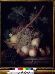 ""Owoce"" Martwa natura z brzoskwiniami, winogronami, gruszkami i granatami z motylami i osą. Obraz Jean Francois van Dael (1764-1840) 1808 Muzeum Puszkina, Moskwa