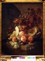Martwa natura z brzoskwiniami. Obraz Jana Fransa van Son (1658-1718). Olej na płótnie, 77 x 64 cm