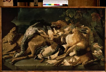 "Martwa natura z dziczyzną" (Martwa natura) Zając, łania, kaczki. Obraz Jana (Johannesa) Fyta (1611-1661) 1640 Muzeum Puszkina, Moskwa