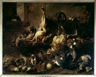 Rozprzestrzenianie się zwierzyny w strażniku jedzącym z kotem i dwiema małpami Obraz Jana Fyta (1611-1661) (ec.flam.) XVII w. Niedz. 0,86 X 1,76 m Paryż, musee du Louvre