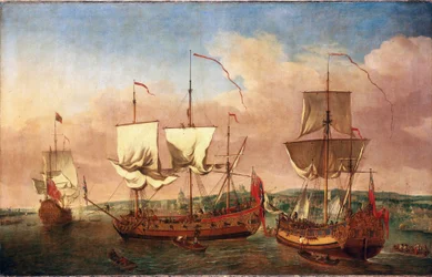 Statek "Peregrine" i inne statki królewskie u wybrzeży Greenwich, około 1710 r. Olej na płótnie, około 1710-1715, autor: Jan Griffier (1645-1718).