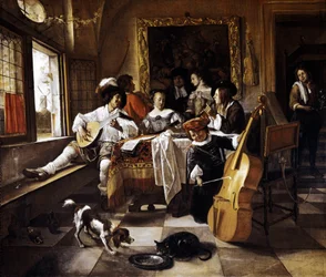 Scena „Koncert rodzinny” we wnętrzu holenderskim. Obraz Jana Steena (1626-1679) 1666 Chicago, Art Institute of Chicago