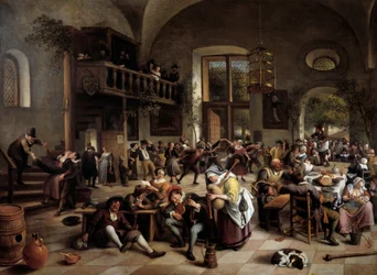 Przyjęcie w karczmie Muzycy, gracze, mężczyźni i kobiety pijących ludzi - Obraz Jana Havicksza (Havicksz) Steena (1626-1679)
