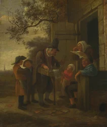 Handlarz sprzedający okulary przed chatą, ok. godz. 1653