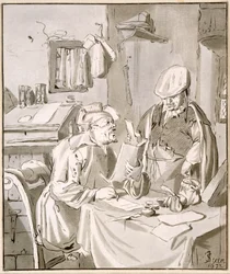 Dwóch mężczyzn rozmawiających o pieniądzach w biurze, 1672, skopiowane przez Cornelisa Ploosa van Amstela (1726-98) lub Christiana Josi (c.1765-1828)