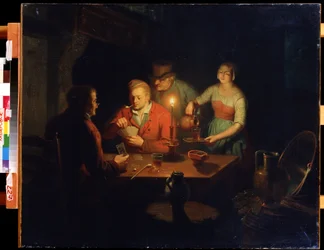 Gra karciana. Obraz Jana Hendrika van Grootvelda (1808-1855). Olej na drewnie, 70 x 93 cm, XIX-wieczna sztuka holenderska. Muzeum Dalekiego Wschodu, Chabarowsk (Rosja).