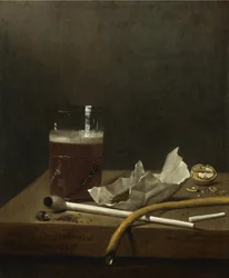 Martwa natura ze szklanką piwa, fajką, tytoniem i innymi rekwizytami do palenia, 1658