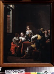 "Les festivites" (Wesołe spotkanie) grupa jeźdźców i dam radośnie zebrała się wokół stołu. Obraz Jana Josepha Horemansa Starszego (1682-1759) XVIII-wieczne Muzeum Sztuk Pięknych im. Iwana Kramskoja (lub Kramskoj) w Woroneżu (Woroneż), Rosja.
