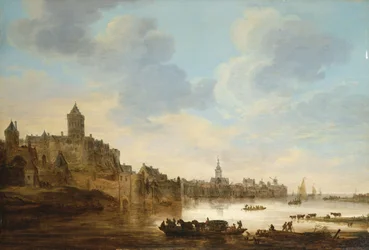 Miasto nad rzeką, z promem, 1648