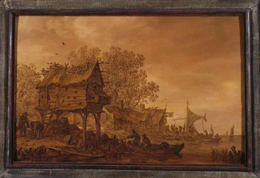 Wieś nad brzegiem rzeki z chłopami w łódce przy gołębniku, 1651