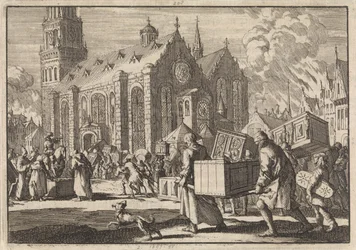 Mieszkańcy Spires w dobrej wierze przynoszą swoje meble do katedry, gdzie są następnie palone przez francuskiego generała Monclara, 1689