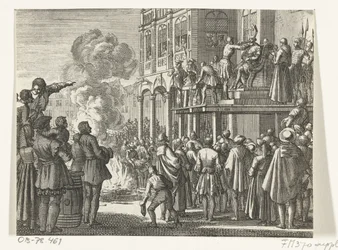 Jacob van Campen w mitrze na głowie na szafocie w Amsterdamie, 1535