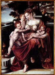 Alegoria Miłosierdzia (Kobieta karmiąca kilkoro dzieci) Obraz Jana Metsysa (lub Massysa) (1509-1575) Dim 120x90 cm Genes, Musei di Strada Nuova (ex Palazzo Bianco)