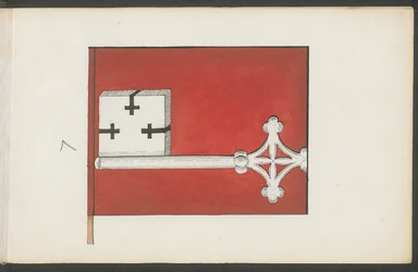 Skizzenbuch von Jan Matejko mit 9 Fahnen aus "Banderia Prutenorum". Fahne des Schatzmeisters des Deutschen Ordens. [Banderium crucifericum quod Thomas Moerheym, thezaurarius ordinis 7].