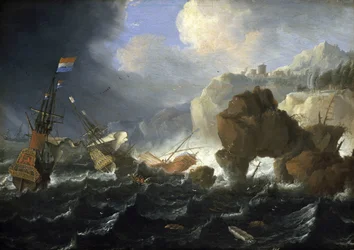 Holenderski statek i galeon osiadły na mieliźnie na skalistym wybrzeżu podczas sztormu. Olej na drewnie, autor: Jan Peeters (1624-1677).
