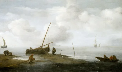 Połów małży, łódź rybacka na brzegu i trzech mężczyzn zajętych zbieraniem małży do koszy. Olej na płótnie, 1622, autor: Jan Porcellis (1580-1632).
