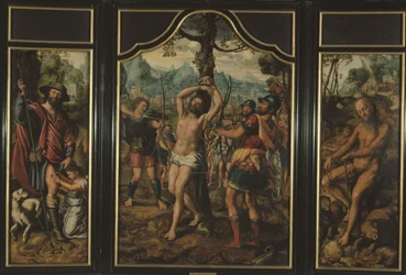 Tryptyk Męczeństwo Świętego Sebastiana (środkowy panel): Święty Roch (lewy panel), Święty Onufry (prawy panel), Święty Piotr (rewers prawego panelu), Święty Szczepan (rewers lewego panelu), między 1525 a 1566 (olej)