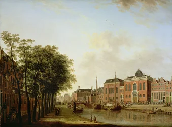 Houtgracht, obecnie Jonas Daniël Meijerplein, Amsterdam, z synagogami aszkenazyjskimi, arsenałem, Synagogą Portugalską i barkami żaglowymi