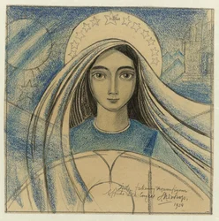 Szczegółowy projekt głowy kobiety do plakatu na Międzynarodowy Kongres Eucharystyczny, który odbył się w Amsterdamie w dniach 22-27 lipca 1924