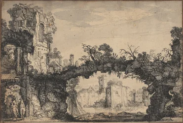 Krajobraz z ruinami (recto); Głowa kobiety i zwierzęta (verso)