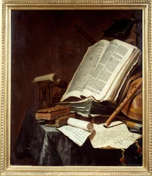 Księgi i instrumenty muzyczne Malarstwo Jana Vermeulena (1638-1674) XVII w. Niedz. 0,78x0,69 m Nantes, musee des Beaux Arts