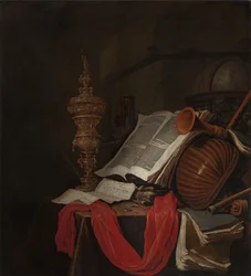 Martwa natura z instrumentami muzycznymi i książkami Vanitas