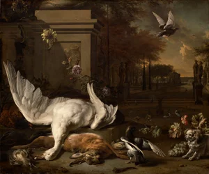 Martwa natura z gęsią i dziczyzną przed wiejską posiadłością, ok. 1685 (olej na płótnie)