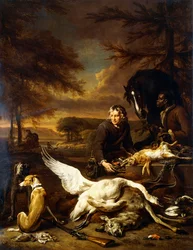 Łupy z polowania ze służącym myśliwskim i czarnym paziem trzymającym karego konia, 1700