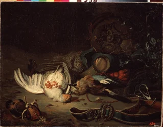 Trofea myśliwskie. Obraz Jana Weenixa Młodszego (1642-1719). Olej na płótnie, koniec XVII-początek XVIII wieku. Sztuka holenderska, styl barokowy. Państwowy Skansen Peterhof, Sankt Petersburg.