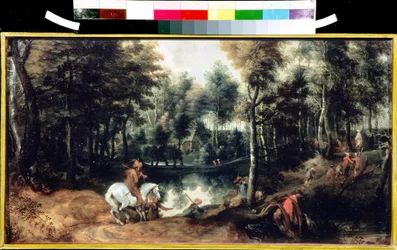Jeźdźcy w lesie. Obraz Jana Wildensa (1586-1653). Olej na drewnie, 32,5 x 59,3 cm, ok. 1620. Sztuka flamandzka z XVI-XVIII wieku. Muzeum Sztuk Pięknych im. Puszkina w Moskwie.