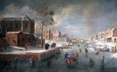 Pejzaż zimowy z kościołem, pędzla Jana Wildensa (1586-1653), olej na płótnie.