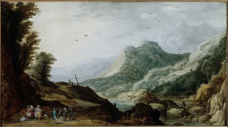 Górski krajobraz z chłopską rodziną na poboczu (Malarstwo, ok. 1620-1630)