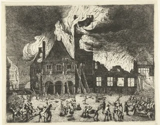 Pożar w Starym Ratuszu w Amsterdamie, 1652 Wizerunek dawnych Stadthuys spalonych do Amsterdamu 7 lipca 1652 r.