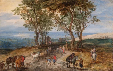 Scena wiejskiej drogi z postaciami: mężczyzna modlący się w świątyni, ok. 1610 r. (olej na miedzi)
