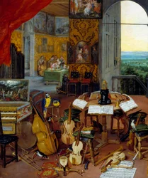 Słuch szczegółowy reprezentujący instrumenty muzyczne (wiolonczela, skrzypce, lutnia, flet, klawesyn). Obraz Jana Brueghela Le Vieux nazywa Brueghel de Velours (Brueghel lub Brueghel