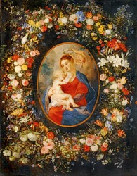 Dziewica, Dzieciątko Jezus i anioły w środku girlandy z kwiatów. Rubens medalion ...