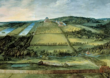 Krajobraz z zamkiem Mariemont Zamek obecnie detruit położony w pobliżu Brukseli. Obraz Jana Bruegla Starszego (lub pachwiny lub starego), zwany Brueghel de Velours (1568-1625)