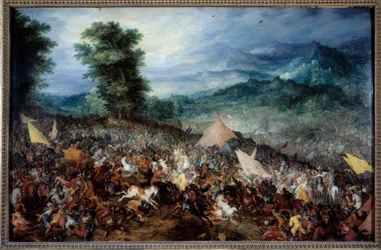Bitwa pod Arbels (lub Issos) Aleksandra Wielkiego (356-323 pne) i jego armia podczas bitwy pod Issos, podczas której król macedoński pokonał Dariusza (Dariusza) III, ostatniego króla dynastii Rouenidów, w 333 pne. JC. Obraz Jana Breugla Le Vieux c